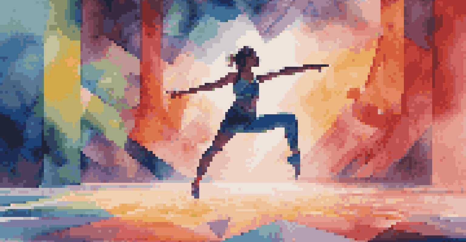 A dancer in virtual reality engaging with animated shapes and colorful effects in a digital landscape.