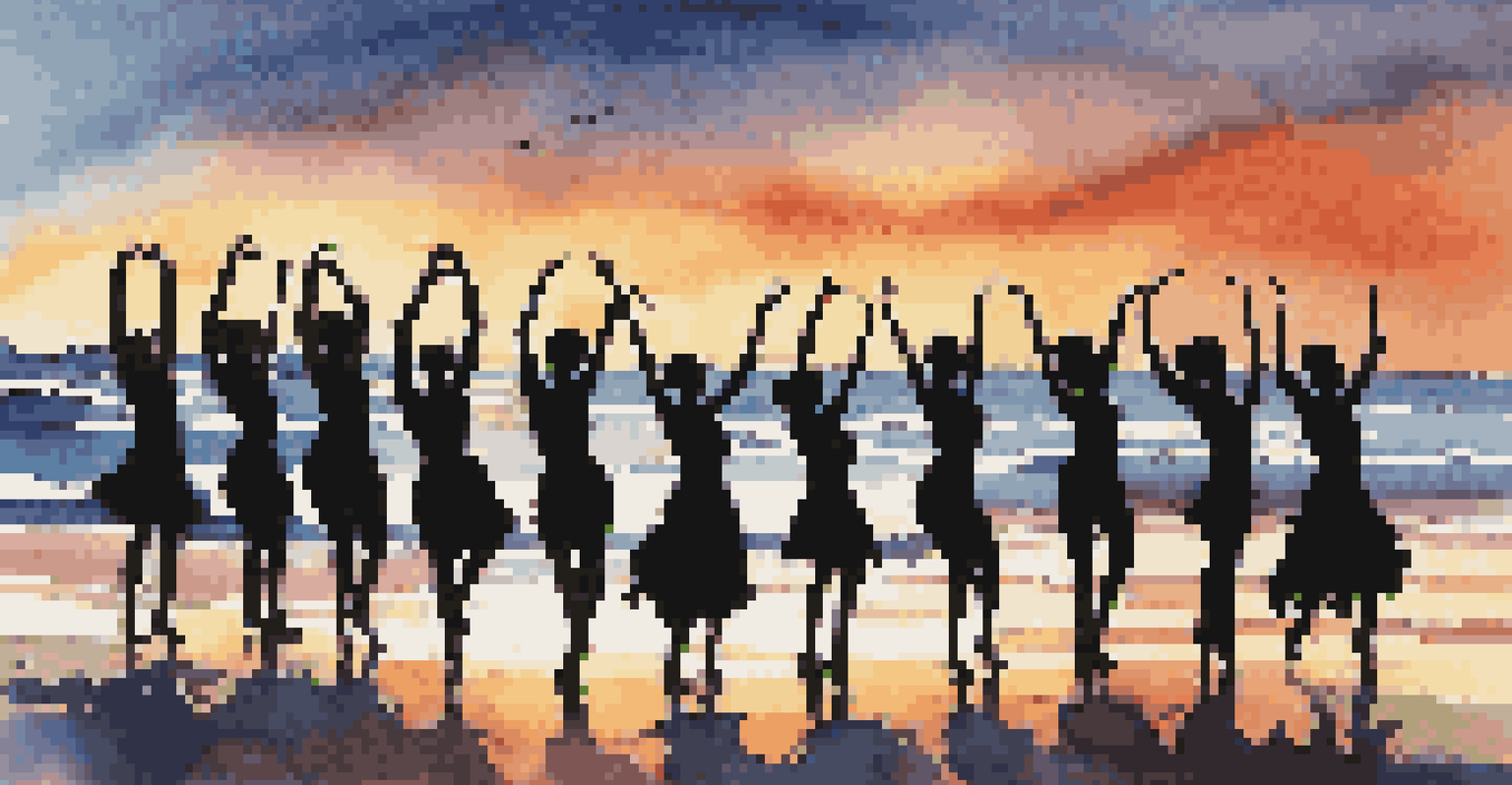 Silhouetted dancers on a beach at sunset, performing against the backdrop of crashing waves and a colorful sky.