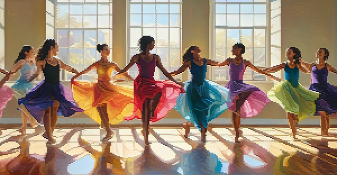 A diverse group of dancers in a studio, joyfully moving and expressing themselves, with mirrors and sunlight enhancing the scene.