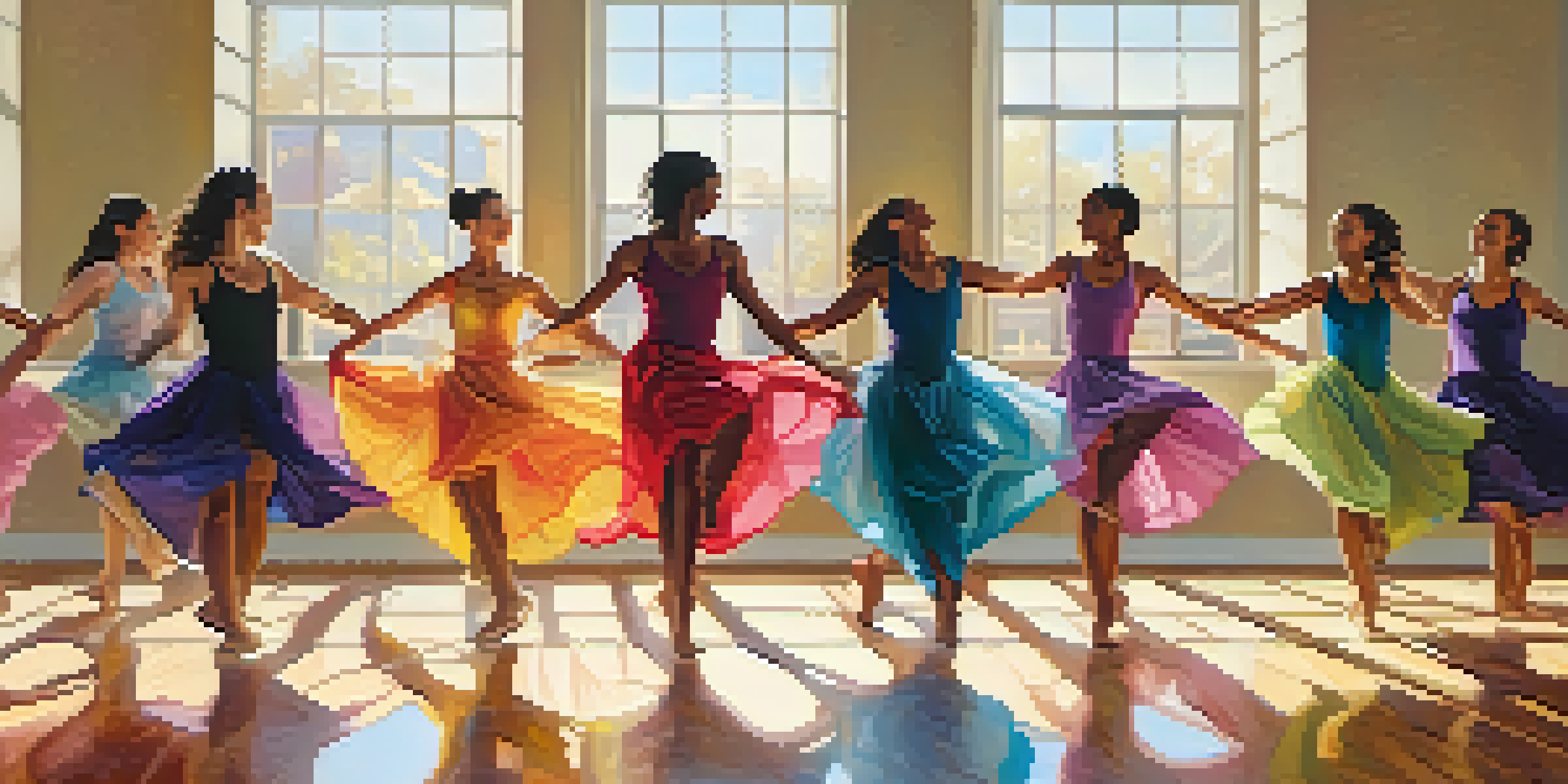 A diverse group of dancers in a studio, joyfully moving and expressing themselves, with mirrors and sunlight enhancing the scene.