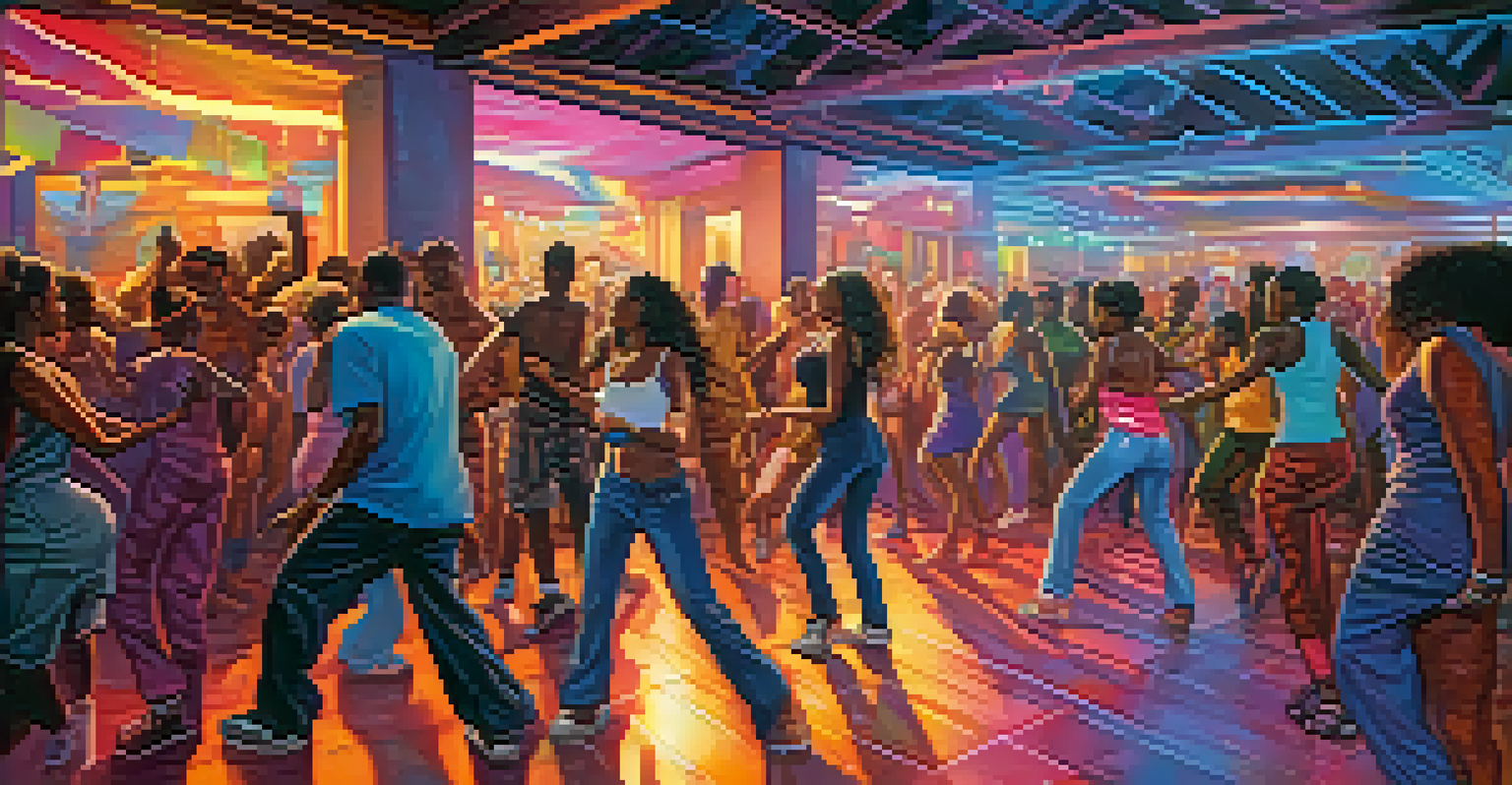 Dancers showcasing house dance moves in a crowded underground club, with colorful lights illuminating the scene.