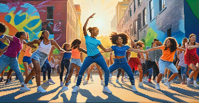 A diverse group of young dancers performing a dance challenge in a sunny urban park with colorful graffiti backgrounds.