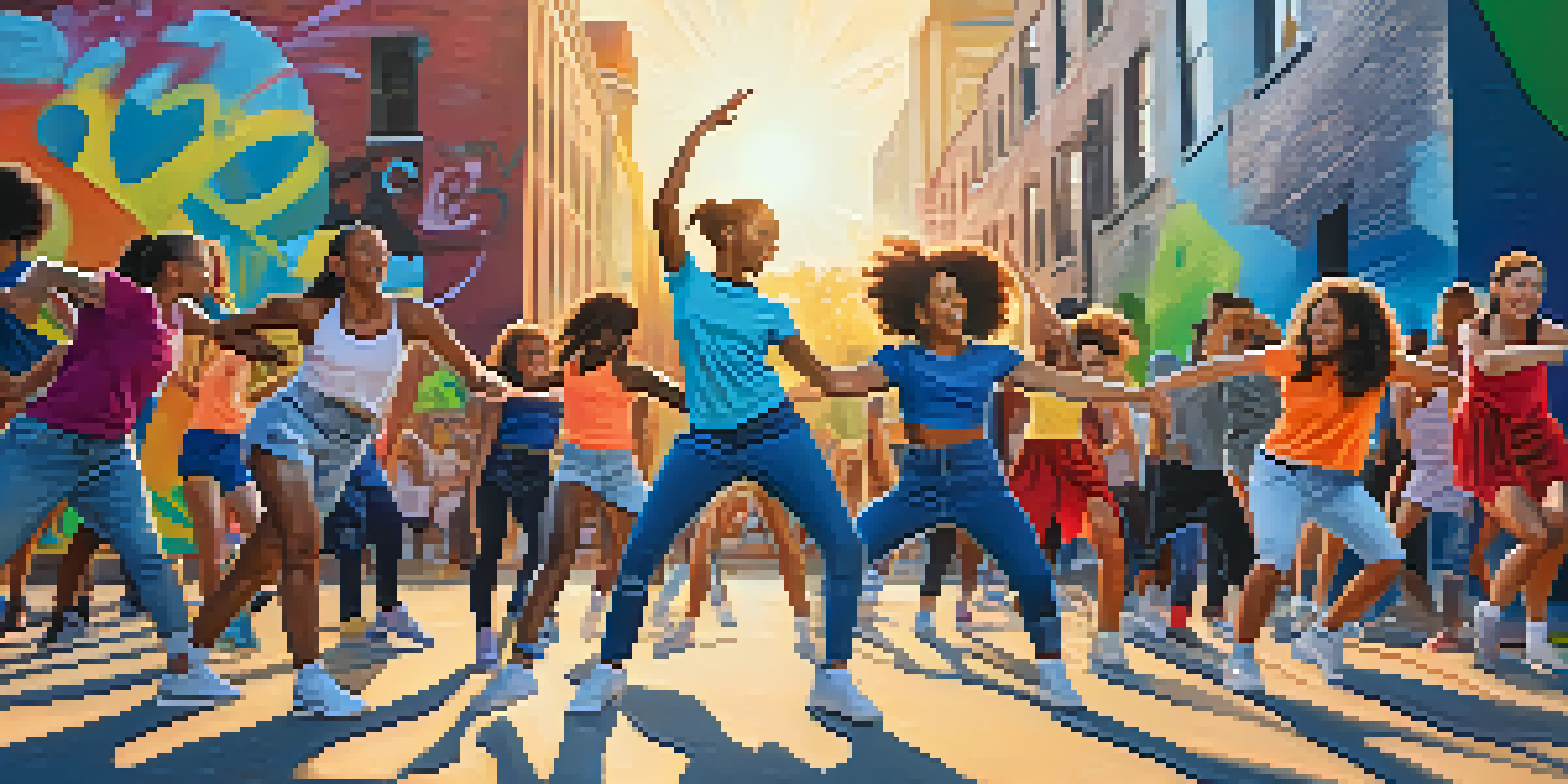 A diverse group of young dancers performing a dance challenge in a sunny urban park with colorful graffiti backgrounds.