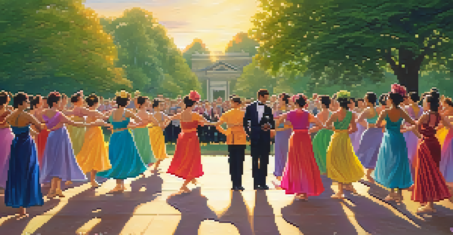Dancers performing in a park at sunset, wearing colorful costumes that blend gender styles.