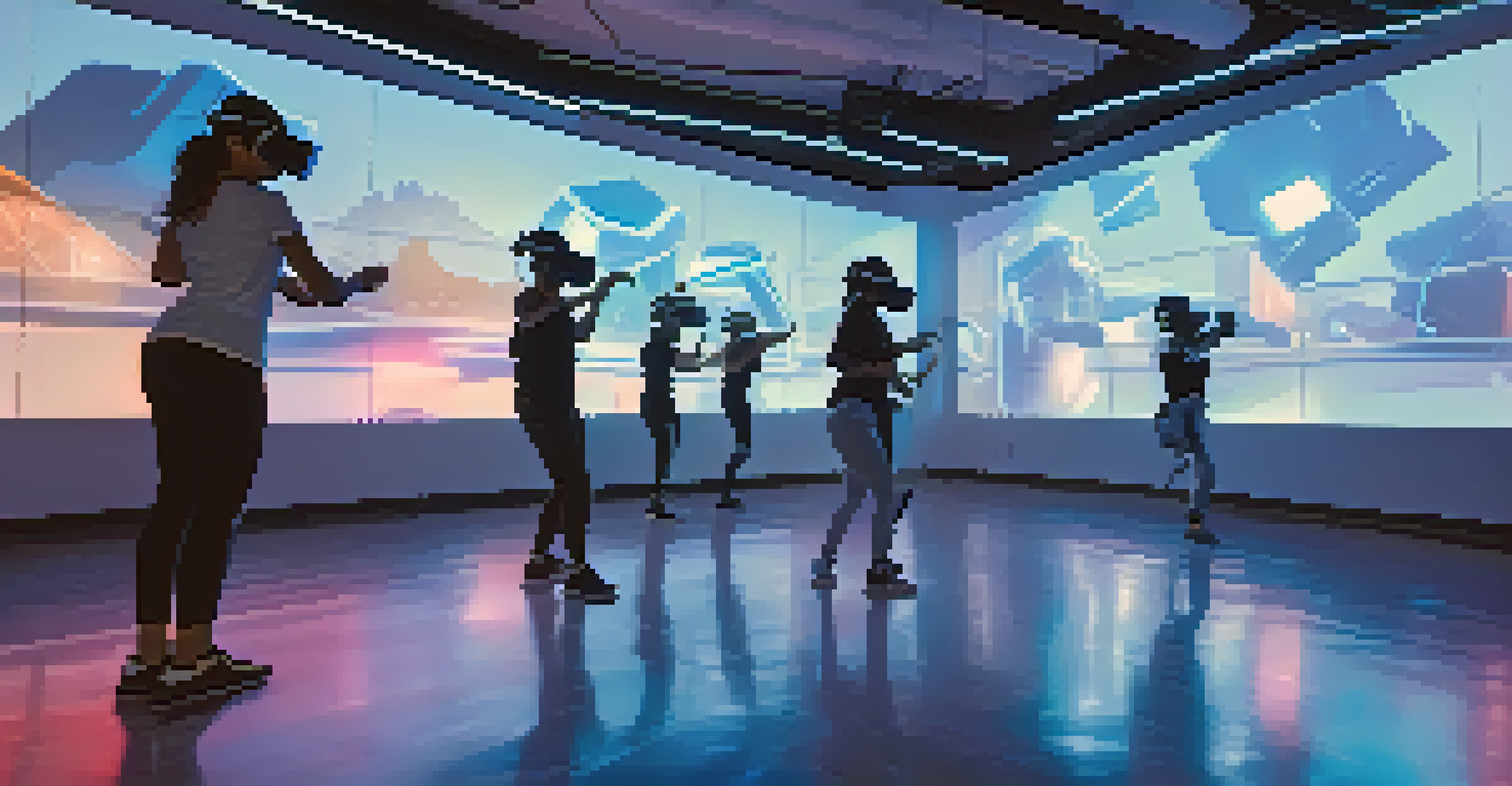 A modern dance studio with students using virtual reality technology to learn dance moves, illuminated with blue lighting.