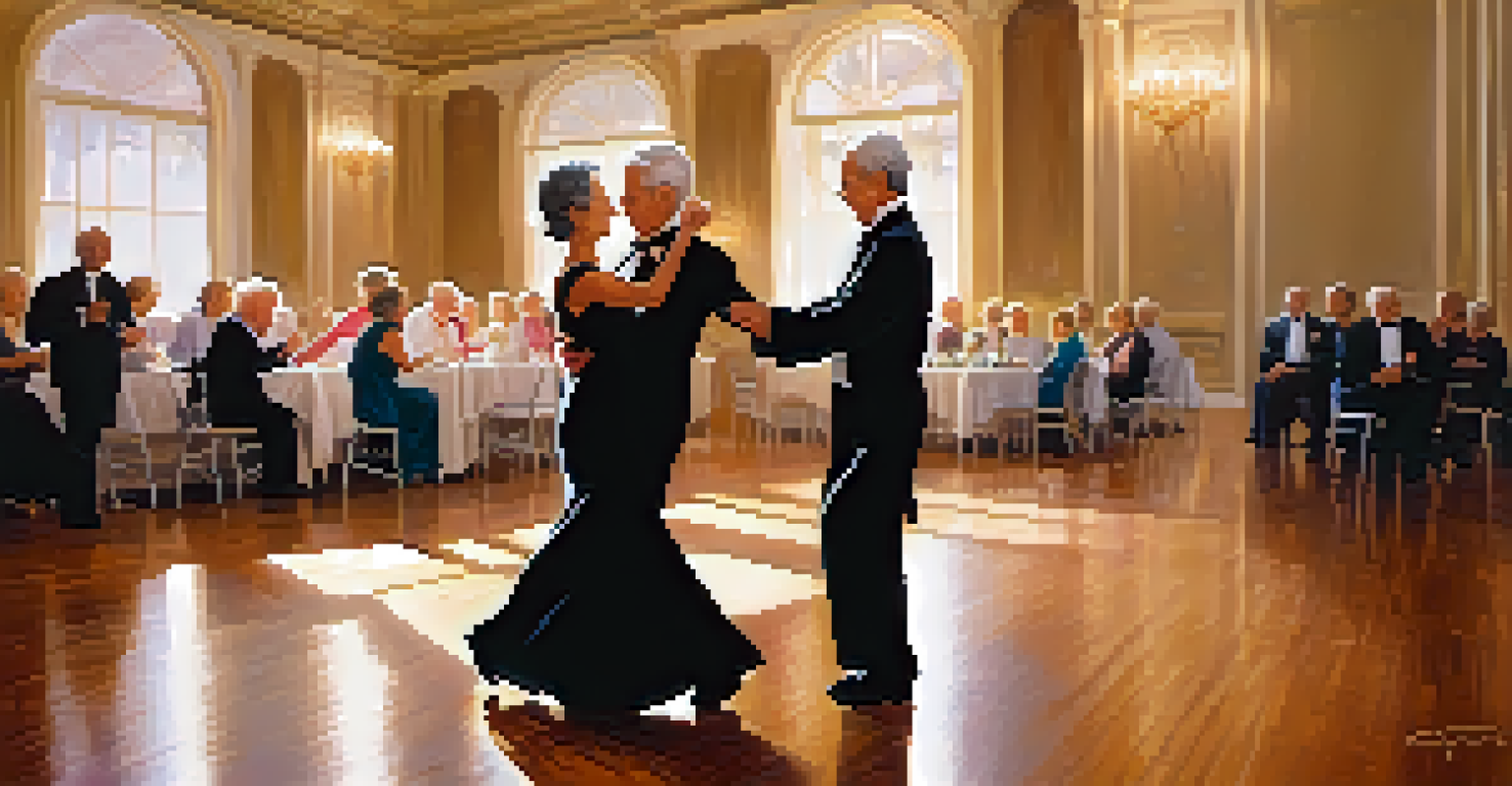 Seniors practicing elegant ballroom dancing in a warmly lit studio with a polished wooden floor.