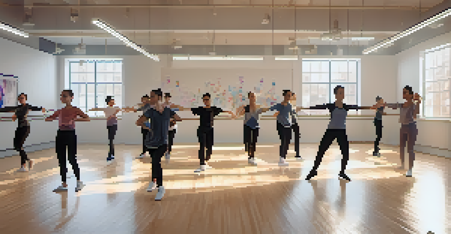 Dance students in a VR classroom learning from a 3D instructor with interactive elements.