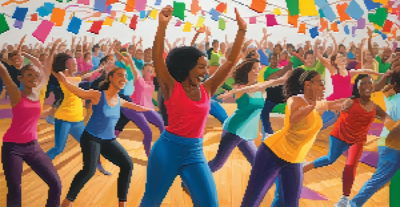 A team-building workshop with participants learning dance styles from a professional instructor in a colorful and energetic setting.
