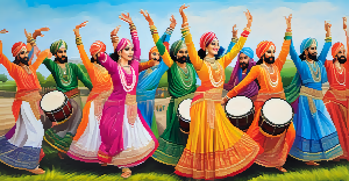 A group of dancers performing Bhangra in colorful outfits against a backdrop of green fields and blue sky, with musical instruments visible.