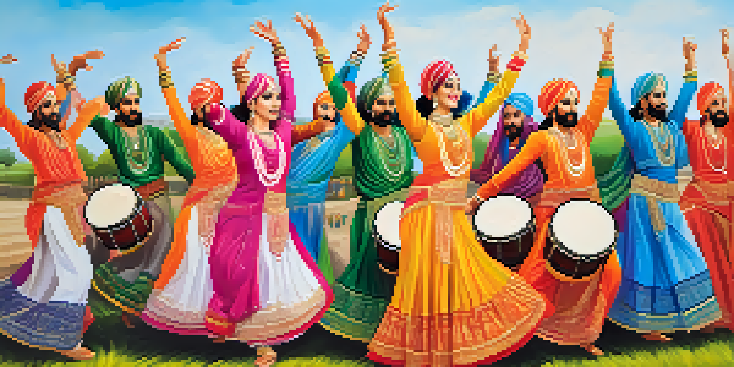 A group of dancers performing Bhangra in colorful outfits against a backdrop of green fields and blue sky, with musical instruments visible.
