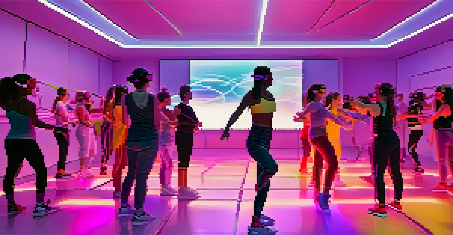 A futuristic virtual reality dance class with a holographic instructor and students wearing VR headsets in a neon-lit studio.