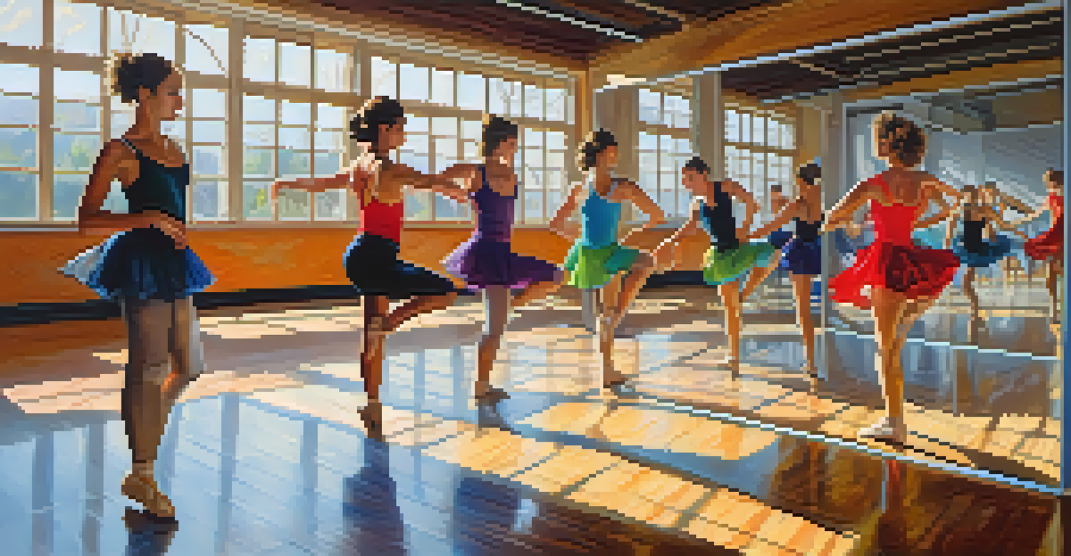 A lively dance studio with dancers practicing in colorful attire, mirrored walls reflecting their movements, filled with natural light.