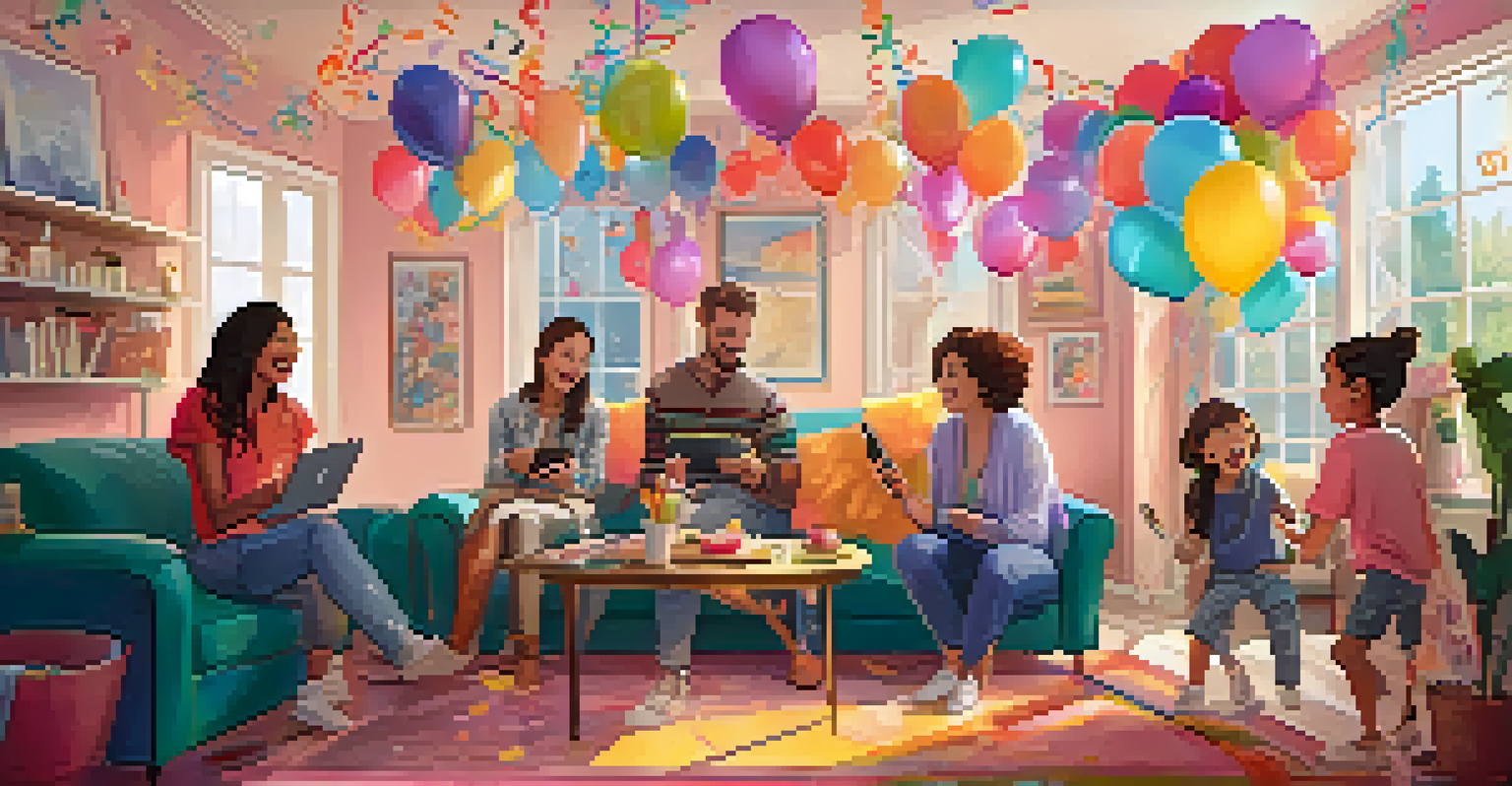 A family excitedly preparing for an online dance challenge, surrounded by colorful decorations and a digital device.