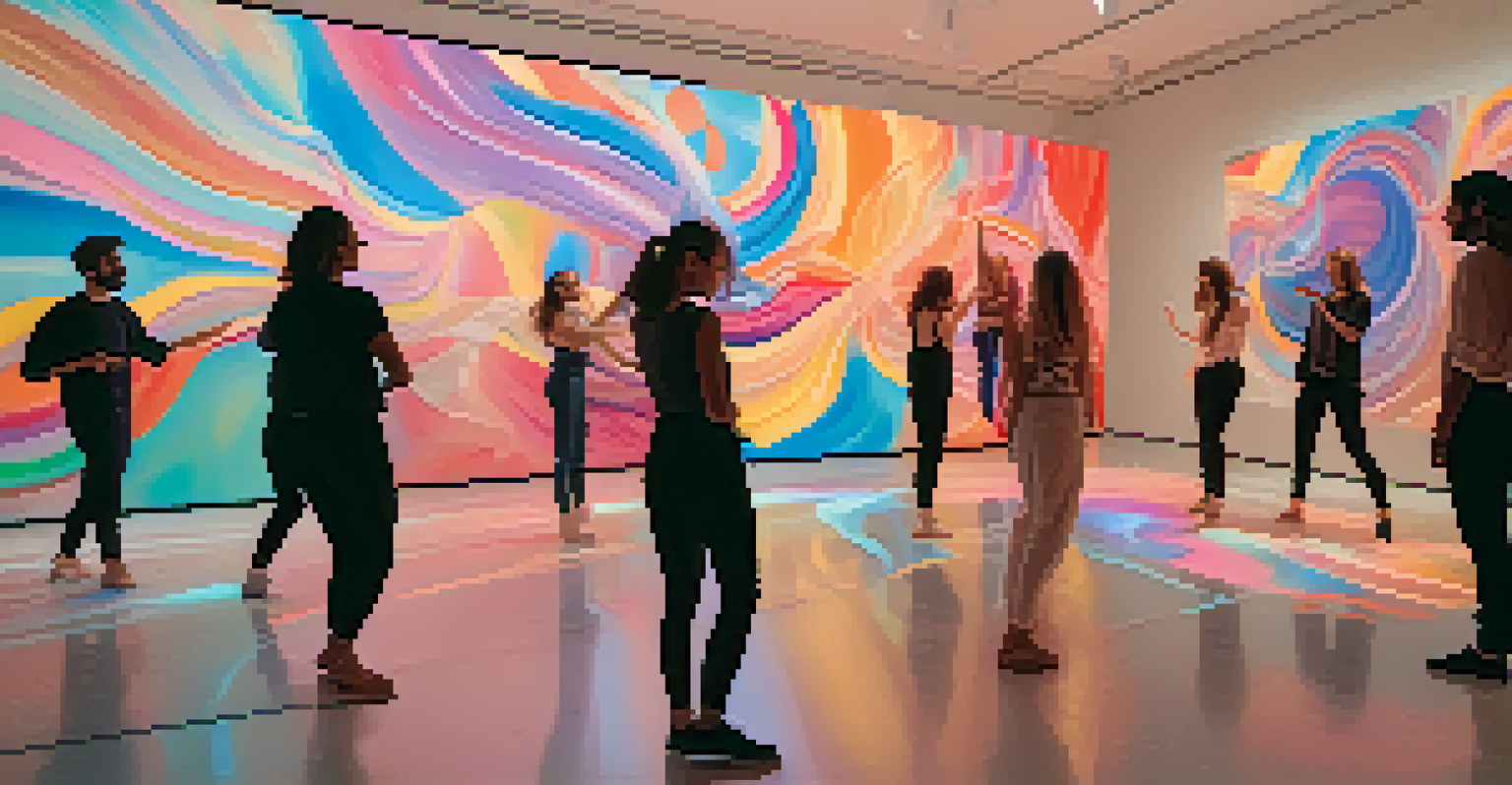 An interactive dance installation with dancers and responsive visuals in an art gallery, showcasing bright colors and audience interaction.