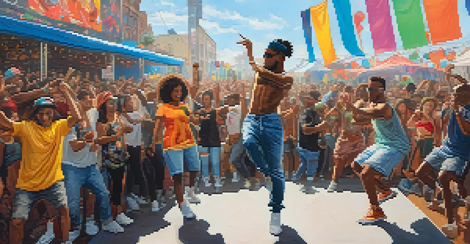 An outdoor hip-hop festival with dancers on stage, colorful banners, and an enthusiastic audience, showcasing community and creativity.
