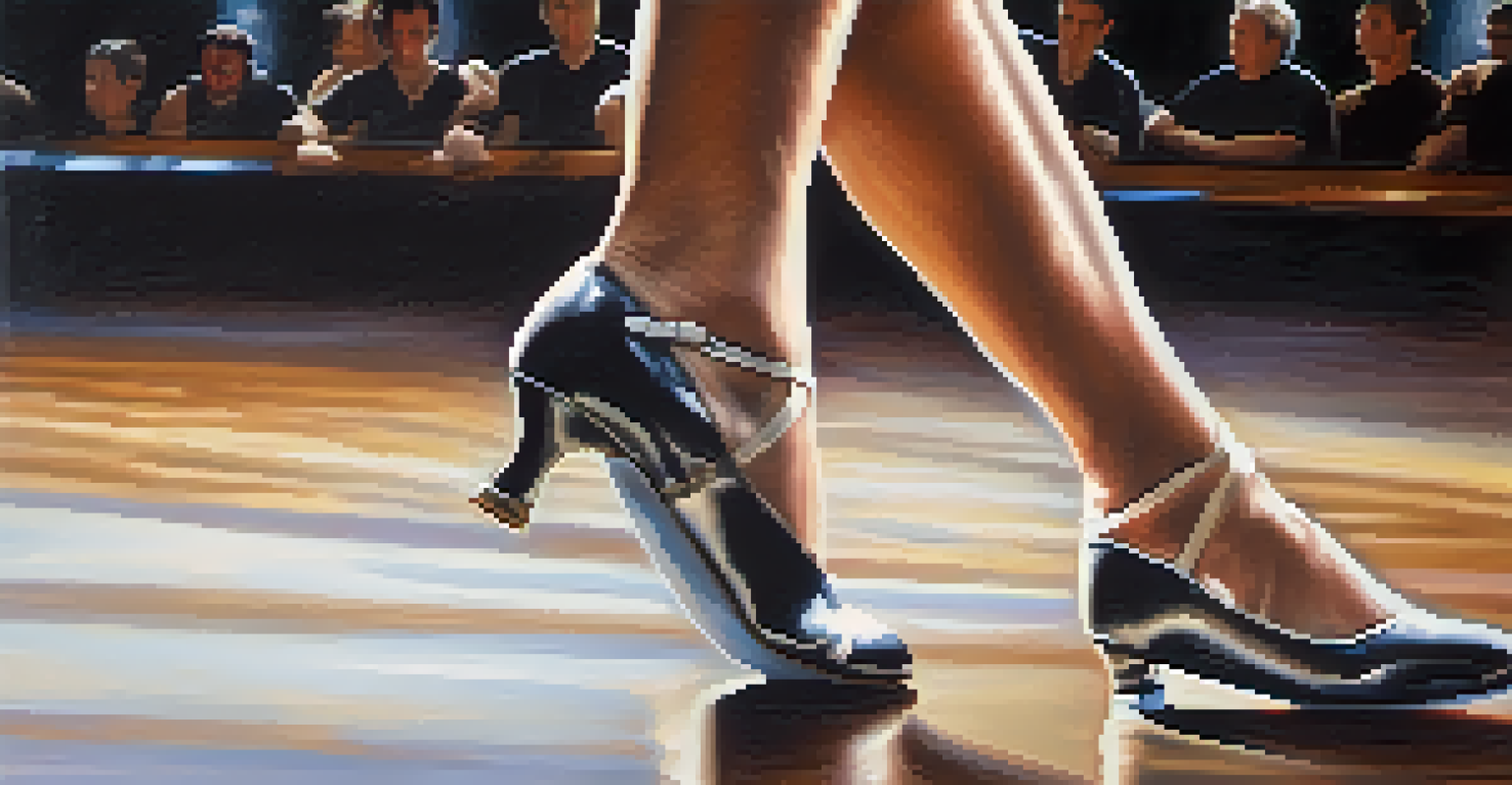 A close-up of a dancer's feet performing a side shuffle on a polished dance floor, showcasing stability and core strength.