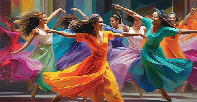 A diverse group of dancers in colorful costumes performing joyfully against a digital landscape background.