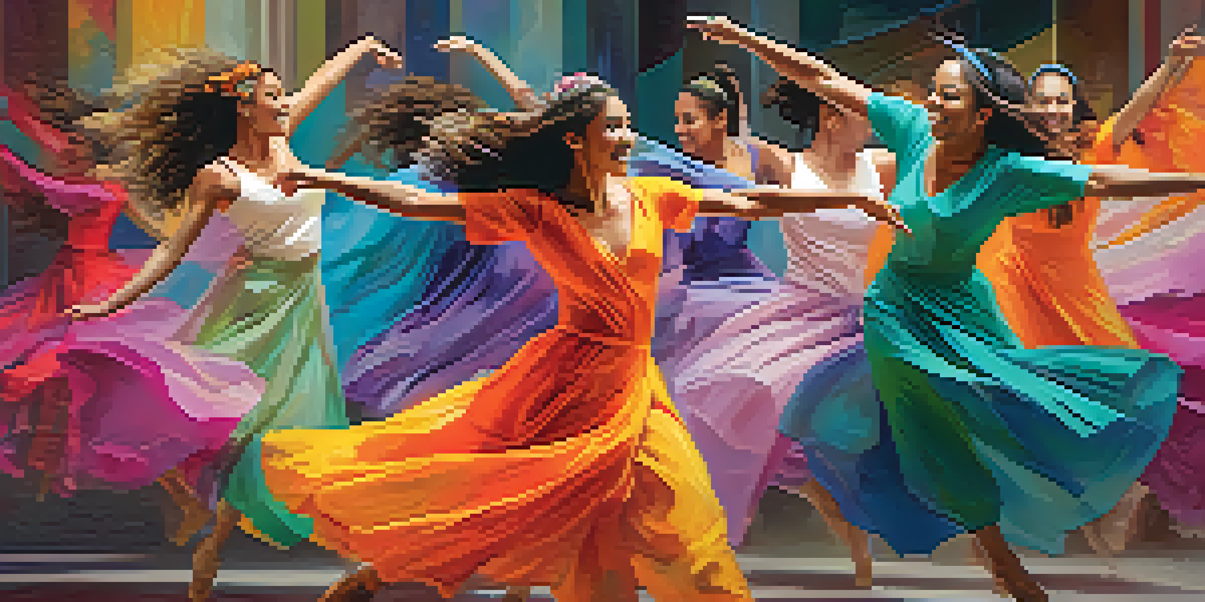 A diverse group of dancers in colorful costumes performing joyfully against a digital landscape background.