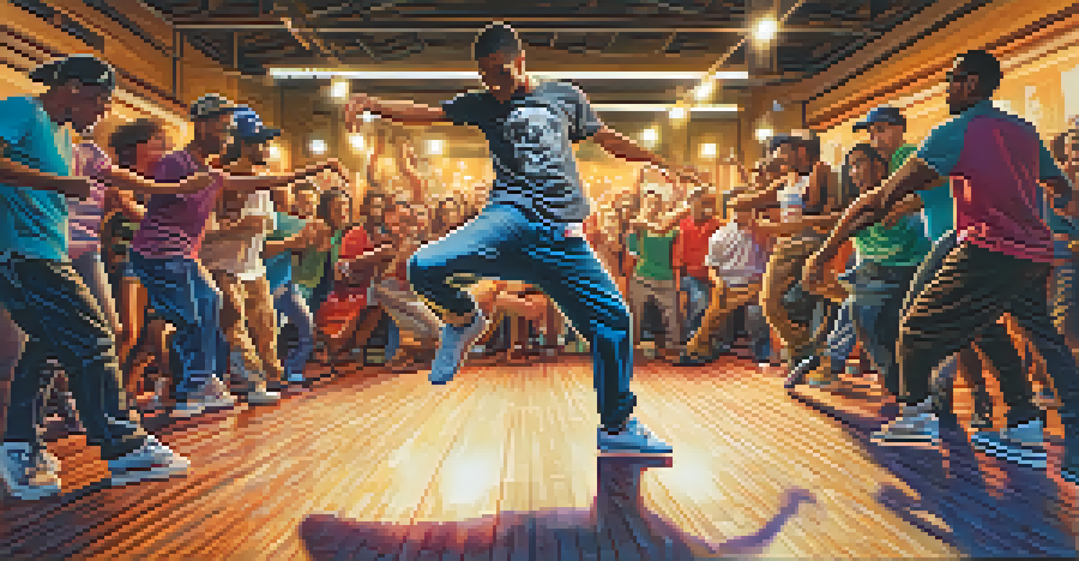 Two breakdancers performing in a battle at a community center, with an enthusiastic crowd around them.