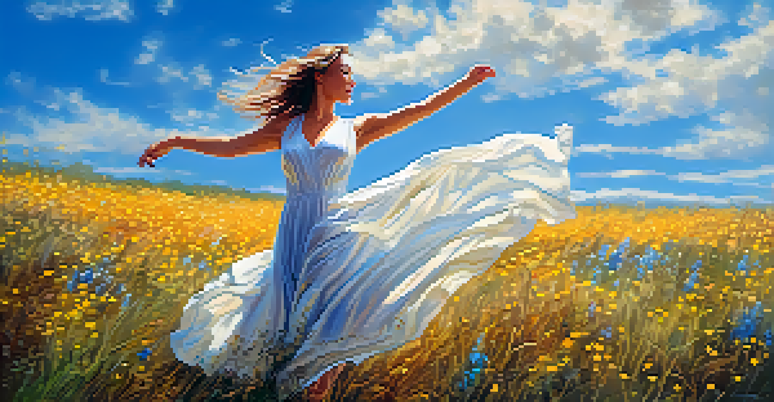 A woman dancing joyfully in a colorful field of wildflowers on a sunny day.