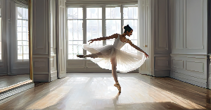 A dancer leaping gracefully in a softly lit studio, wearing a flowing white dress.
