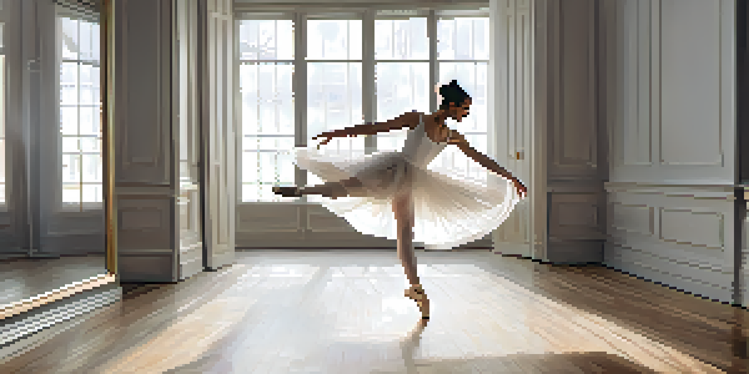 A dancer leaping gracefully in a softly lit studio, wearing a flowing white dress.
