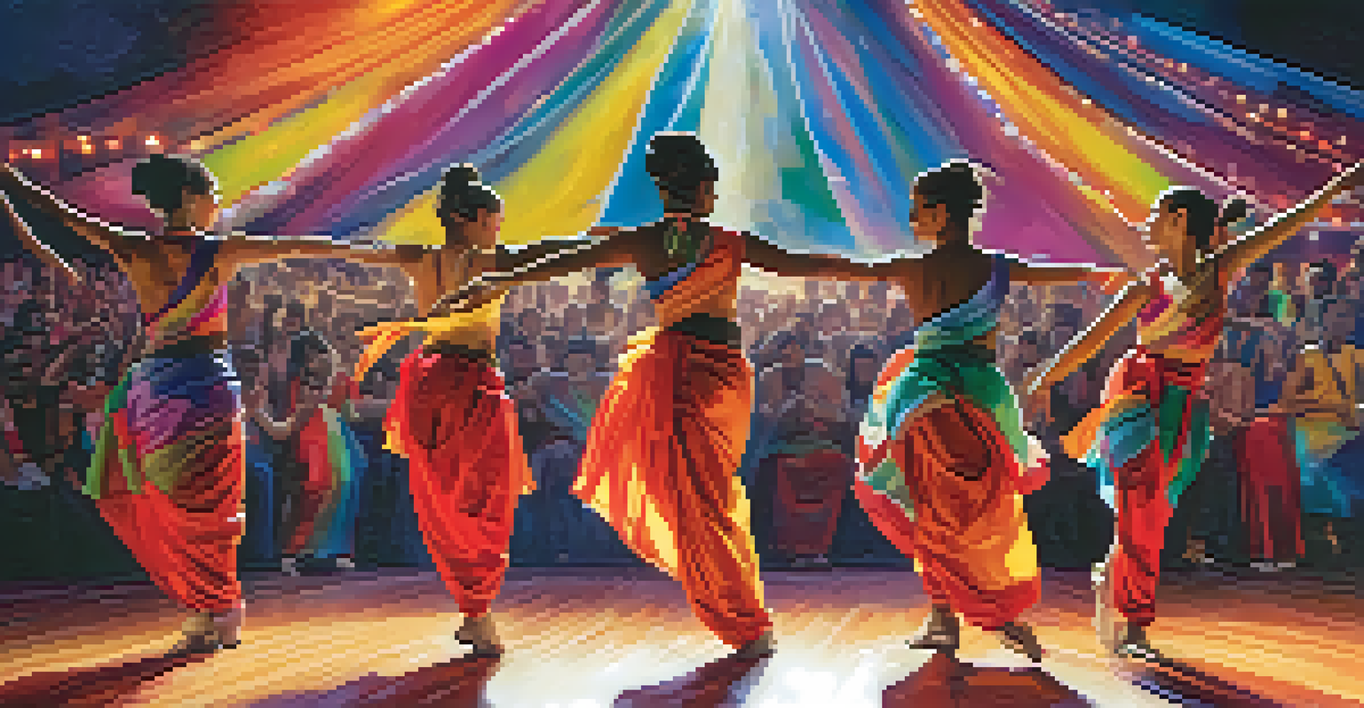 A diverse group of dancers performing at an international dance festival, showcasing various cultural styles on stage.