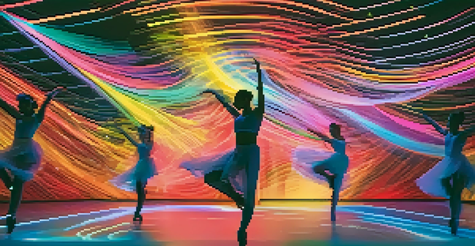 A dance performance with dancers in motion, surrounded by colorful lights and AI-generated visuals in the background.