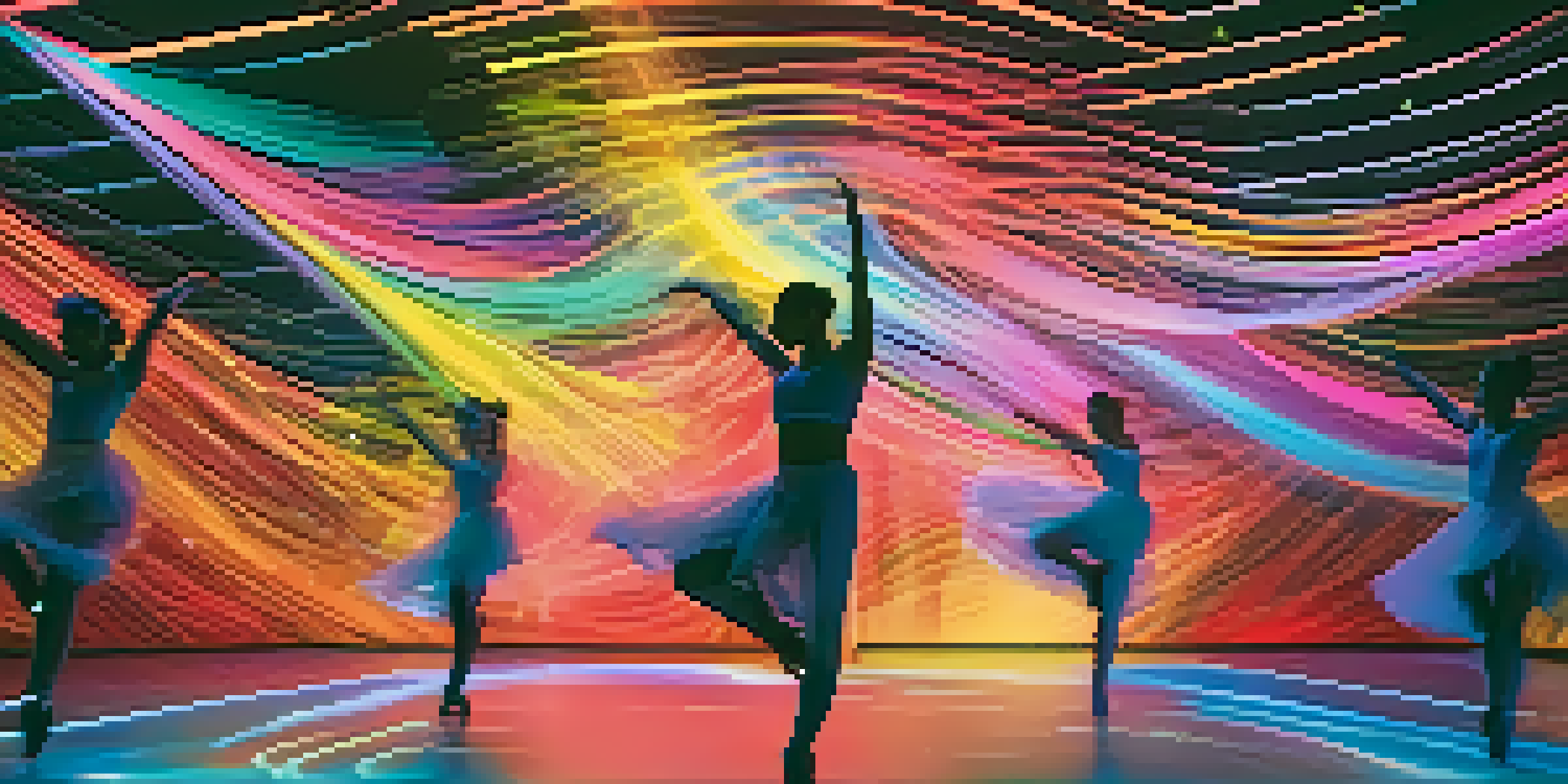 A dance performance with dancers in motion, surrounded by colorful lights and AI-generated visuals in the background.