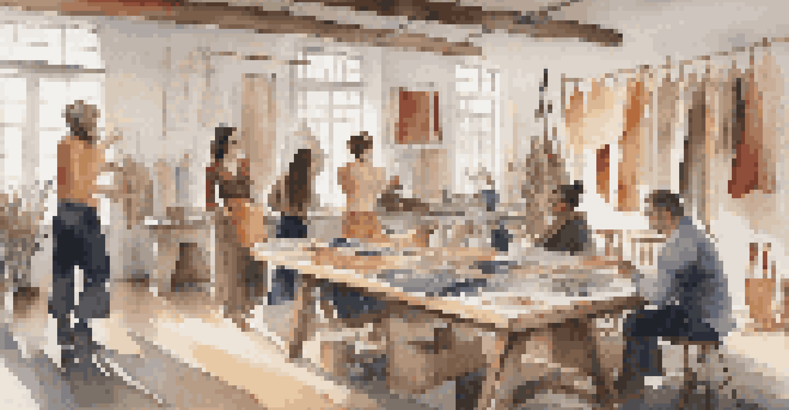 Designers and artisans discussing sustainable dance costume practices in a cozy workshop filled with handcrafted materials.