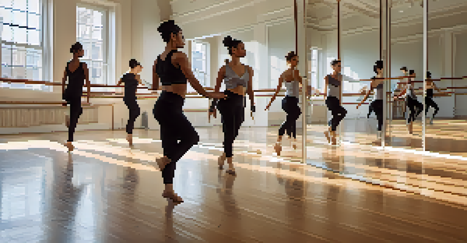 A choreographer guiding a diverse group of dancers in a rehearsal studio, with mirrors reflecting their movements and natural light illuminating the space.