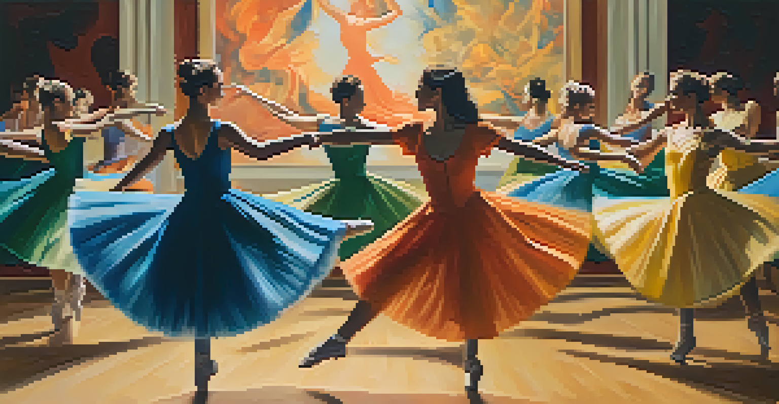 Dancers posed in dynamic positions inspired by a famous painting, with a colorful projection in the background.