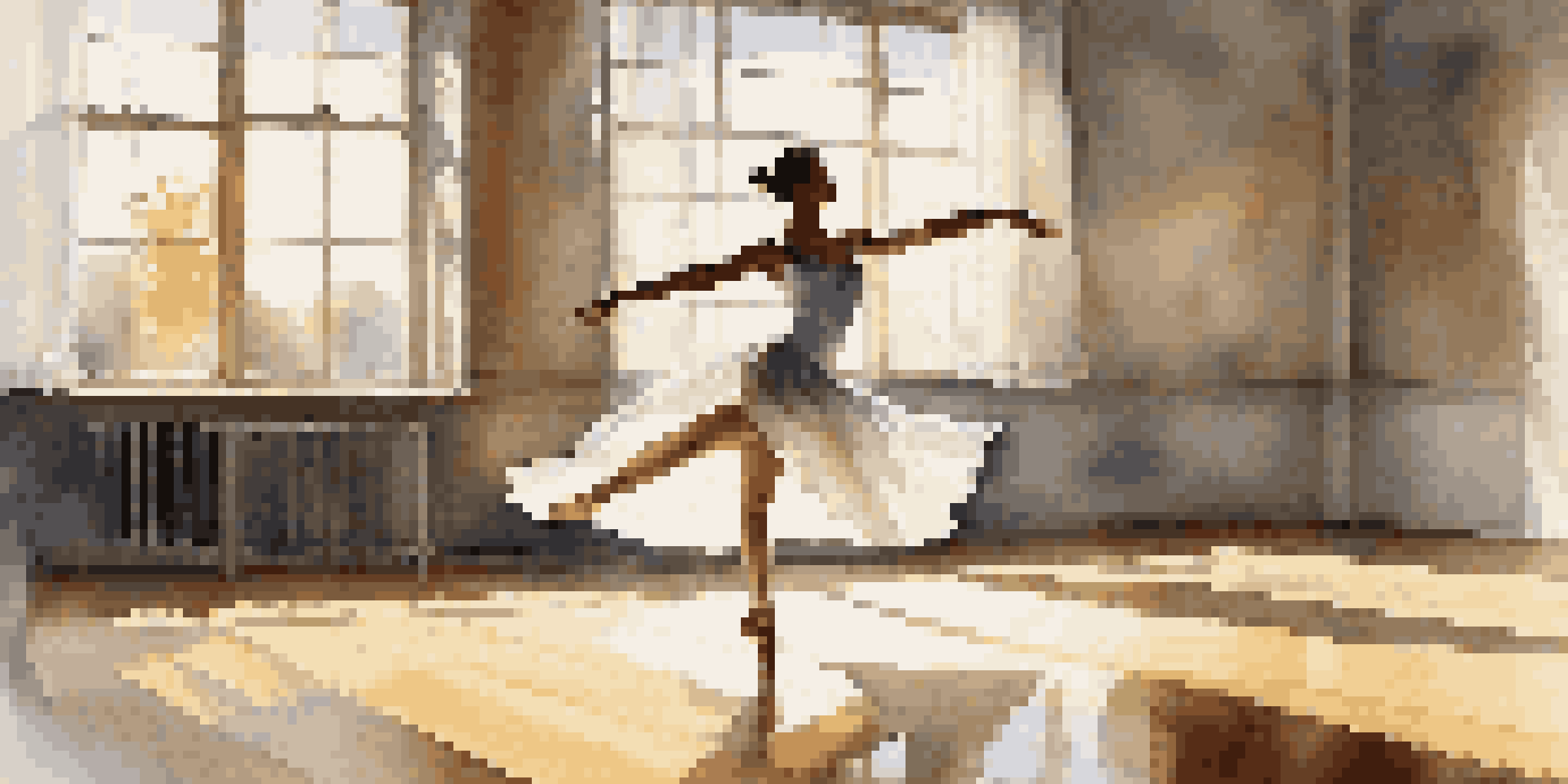 A dancer in a sunlit studio performing a solo routine, with flowing costume and expressive movements reflected in mirrors.