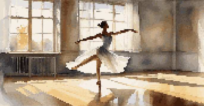 A dancer in a sunlit studio performing a solo routine, with flowing costume and expressive movements reflected in mirrors.
