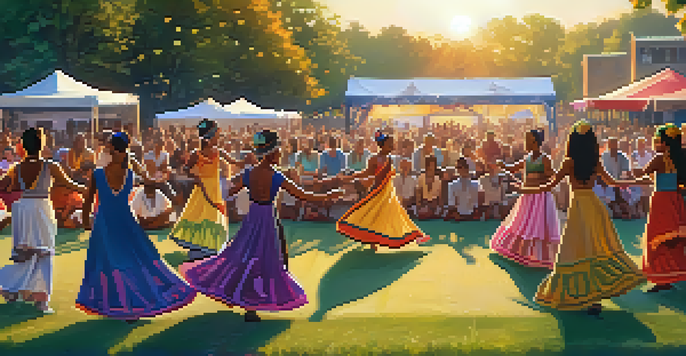 A lively outdoor dance festival with diverse dancers in colorful costumes performing on stage, surrounded by an engaged audience and a warm sunset.