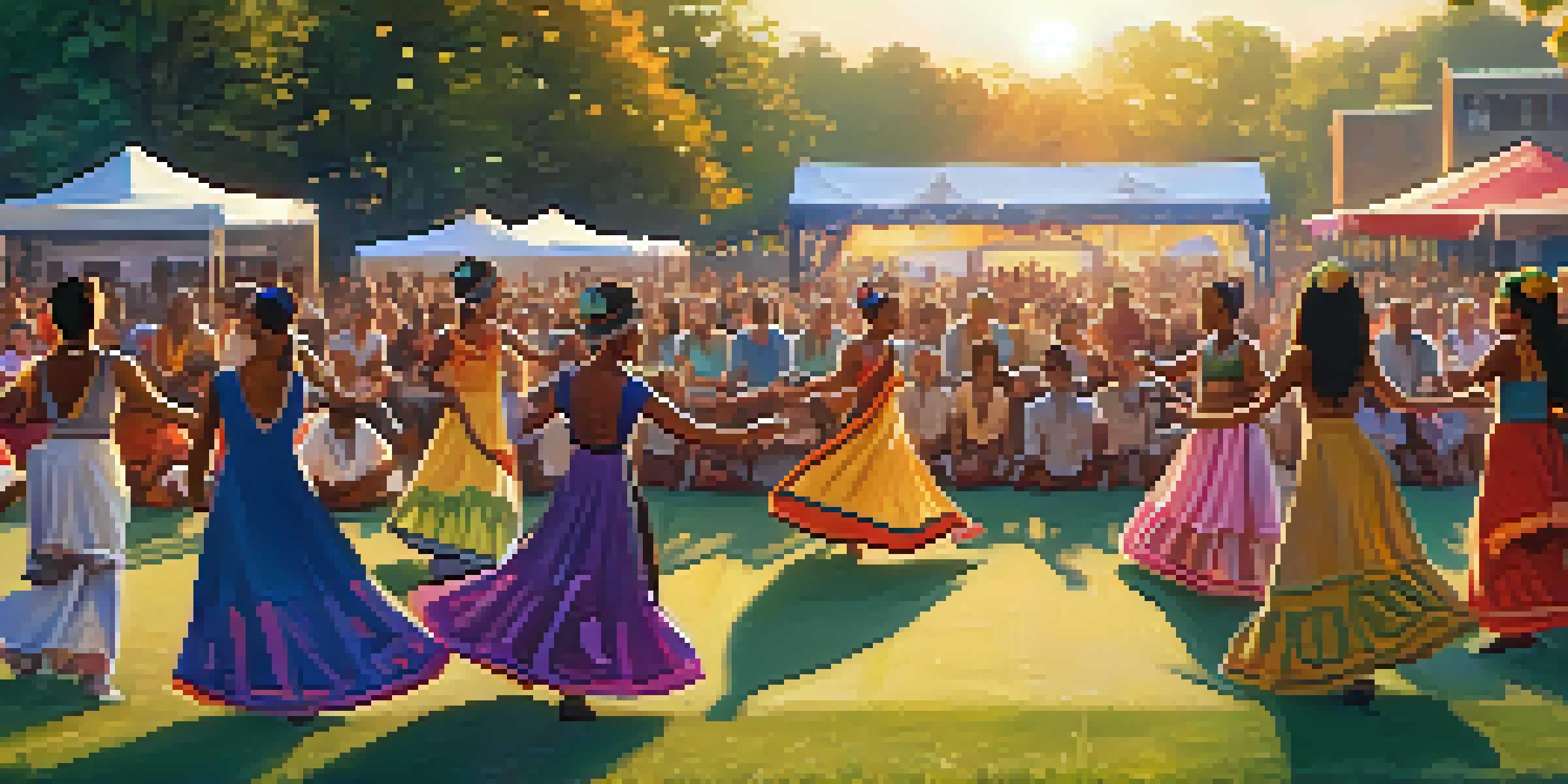 A lively outdoor dance festival with diverse dancers in colorful costumes performing on stage, surrounded by an engaged audience and a warm sunset.