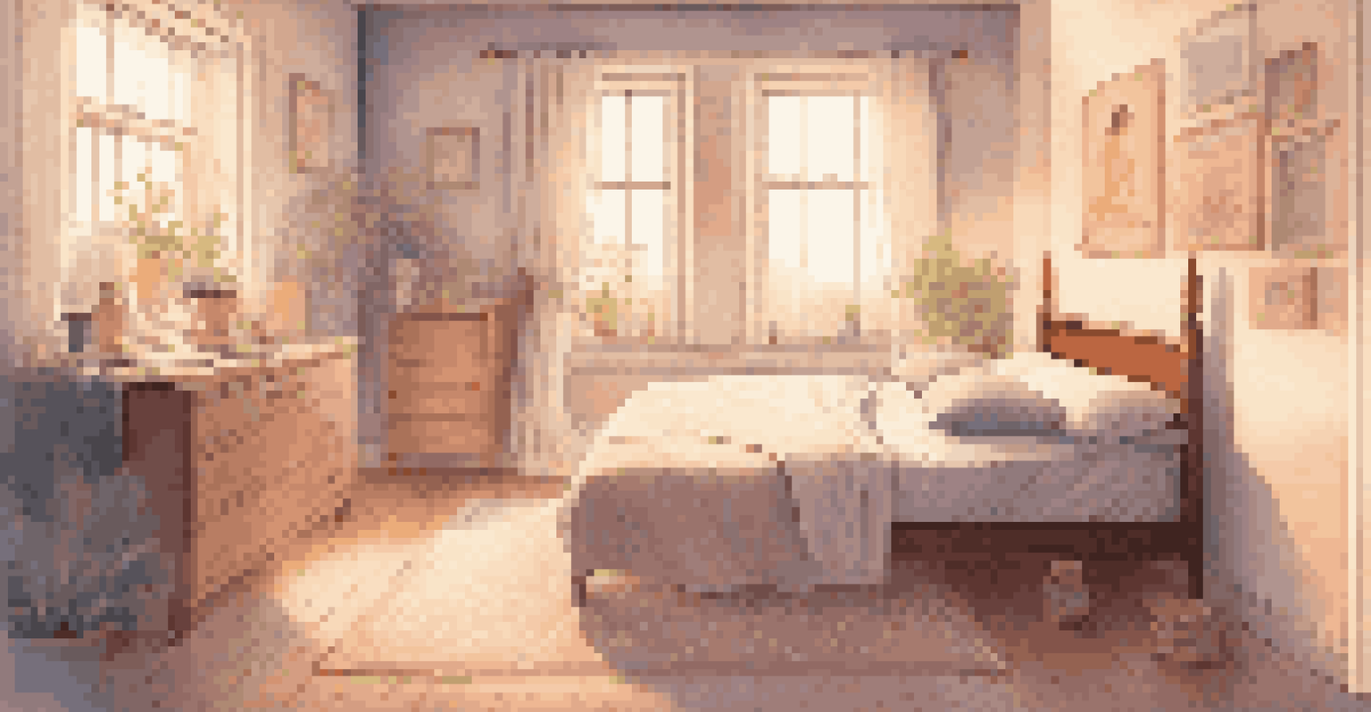 A peaceful bedroom with soft lighting, where a person practices gentle dance movements on a yoga mat.