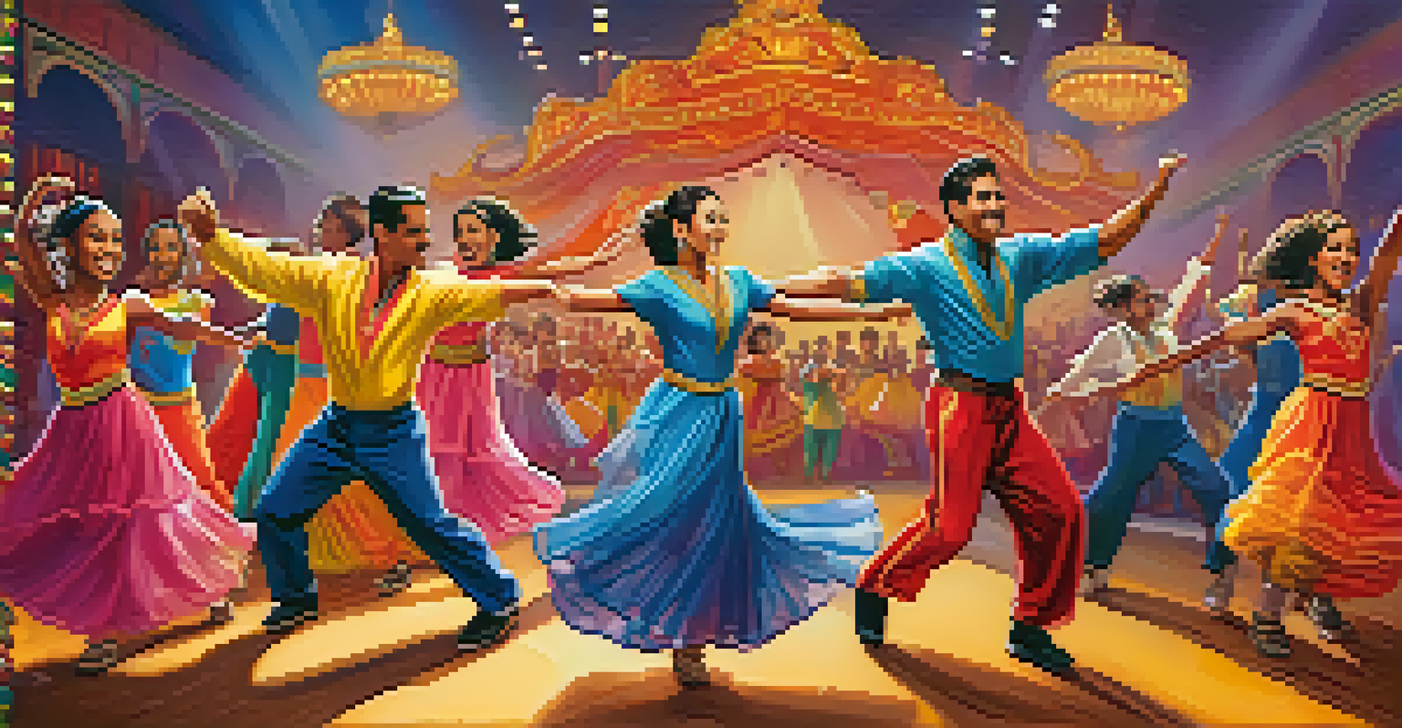A family participating in a choreographed dance competition, displaying diverse dance styles with colorful costumes and energetic expressions.
