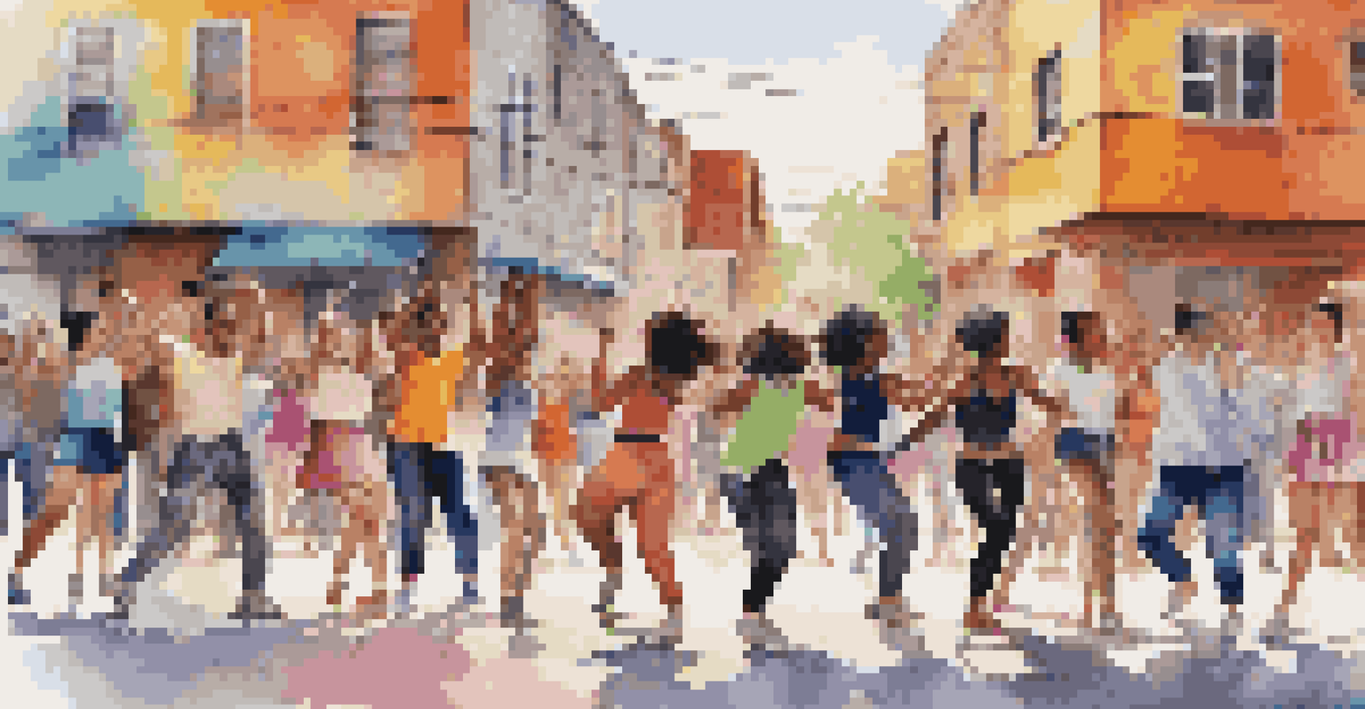 Young dancers performing a choreographed routine on the street, surrounded by colorful street art and onlookers filming the performance with smartphones.