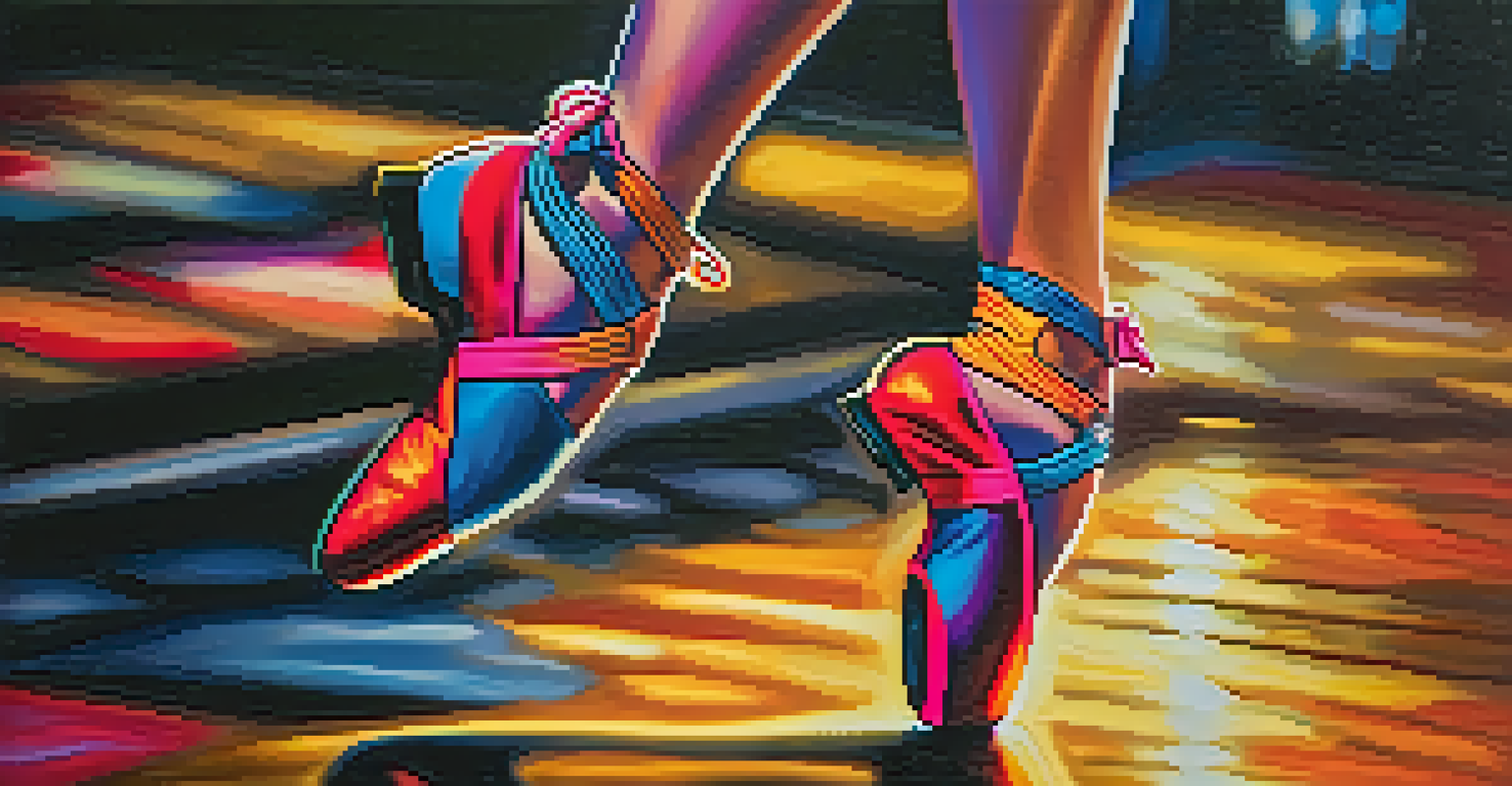 Close-up of a dancer's feet in colorful shoes performing on a polished wooden stage with spotlighting.