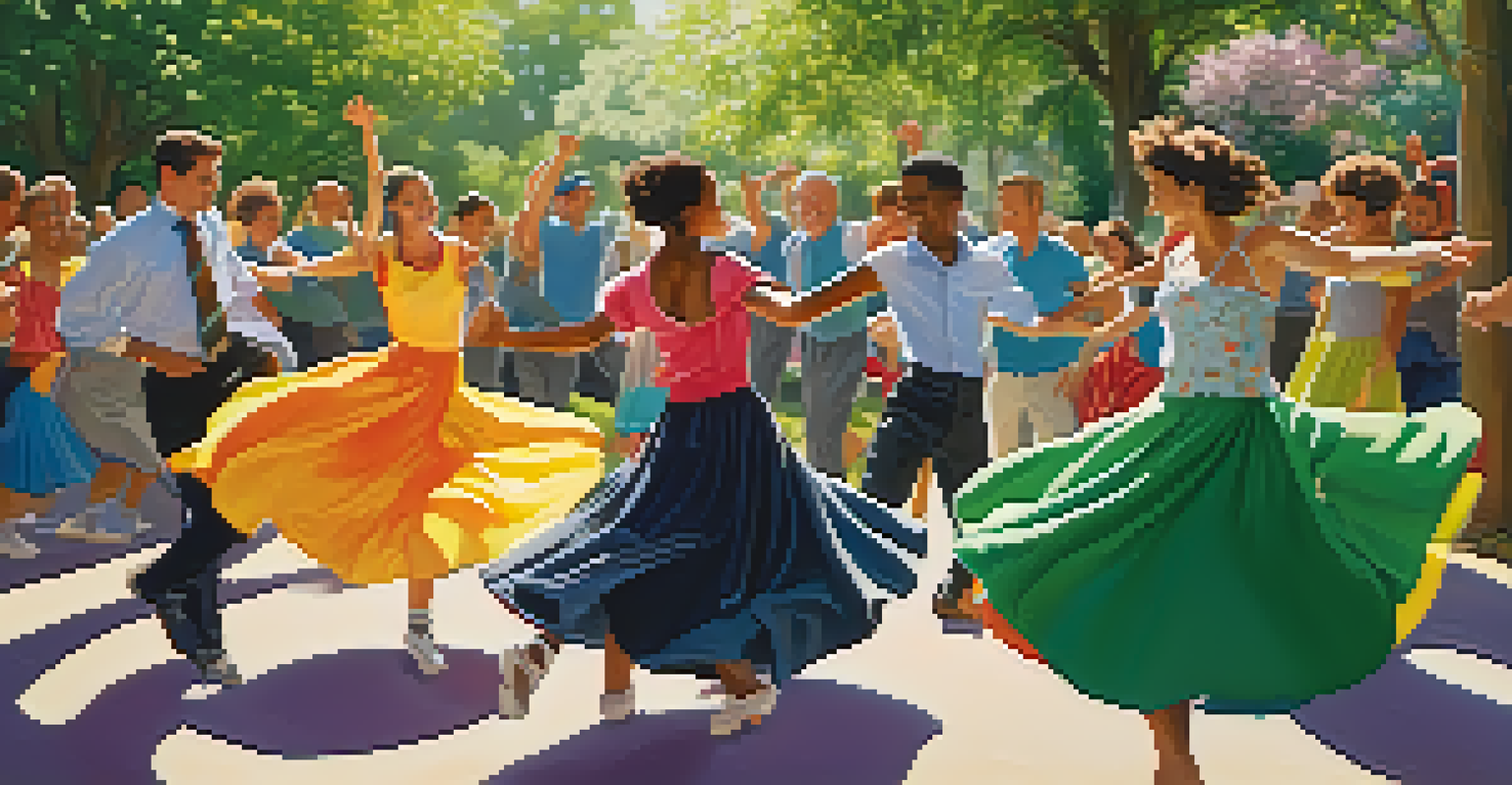 A joyful group of people dancing in a sunny park, surrounded by greenery and colorful clothing, with sunlight filtering through the leaves.