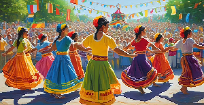 A lively outdoor festival with diverse folk dancers in colorful traditional costumes, surrounded by an enthusiastic crowd in a sunny park.