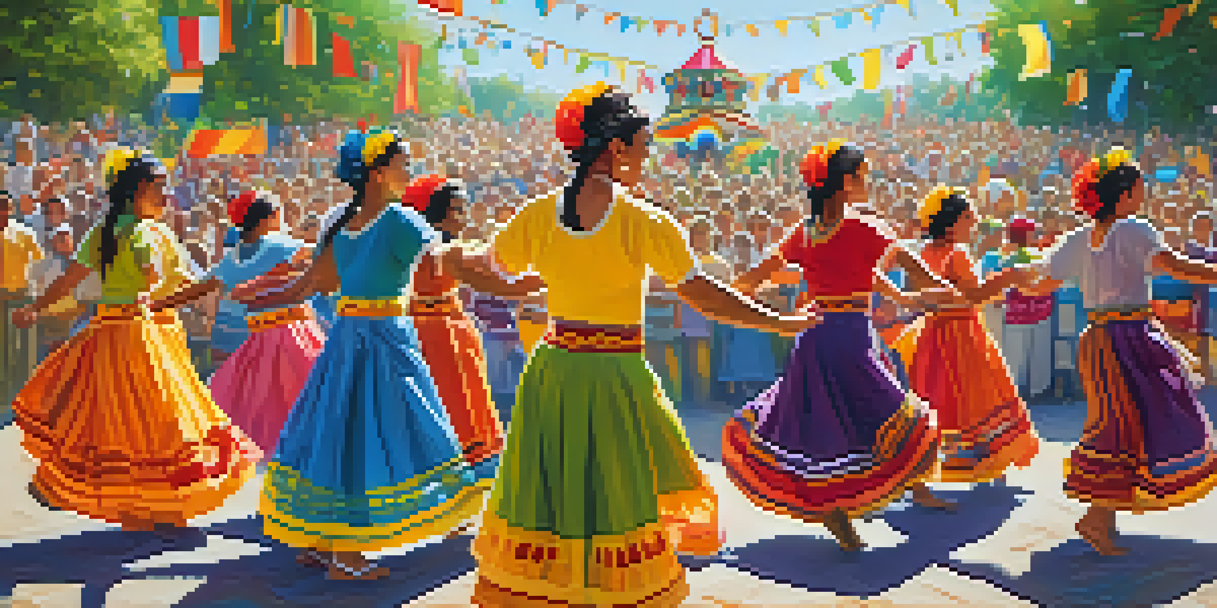 A lively outdoor festival with diverse folk dancers in colorful traditional costumes, surrounded by an enthusiastic crowd in a sunny park.