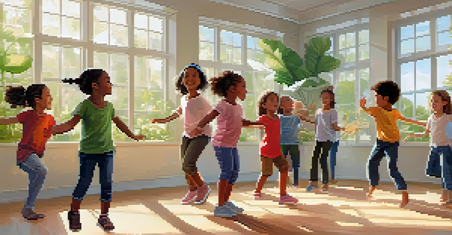 Children participating in a dance workshop about climate awareness in a bright classroom, expressing their love for the environment.