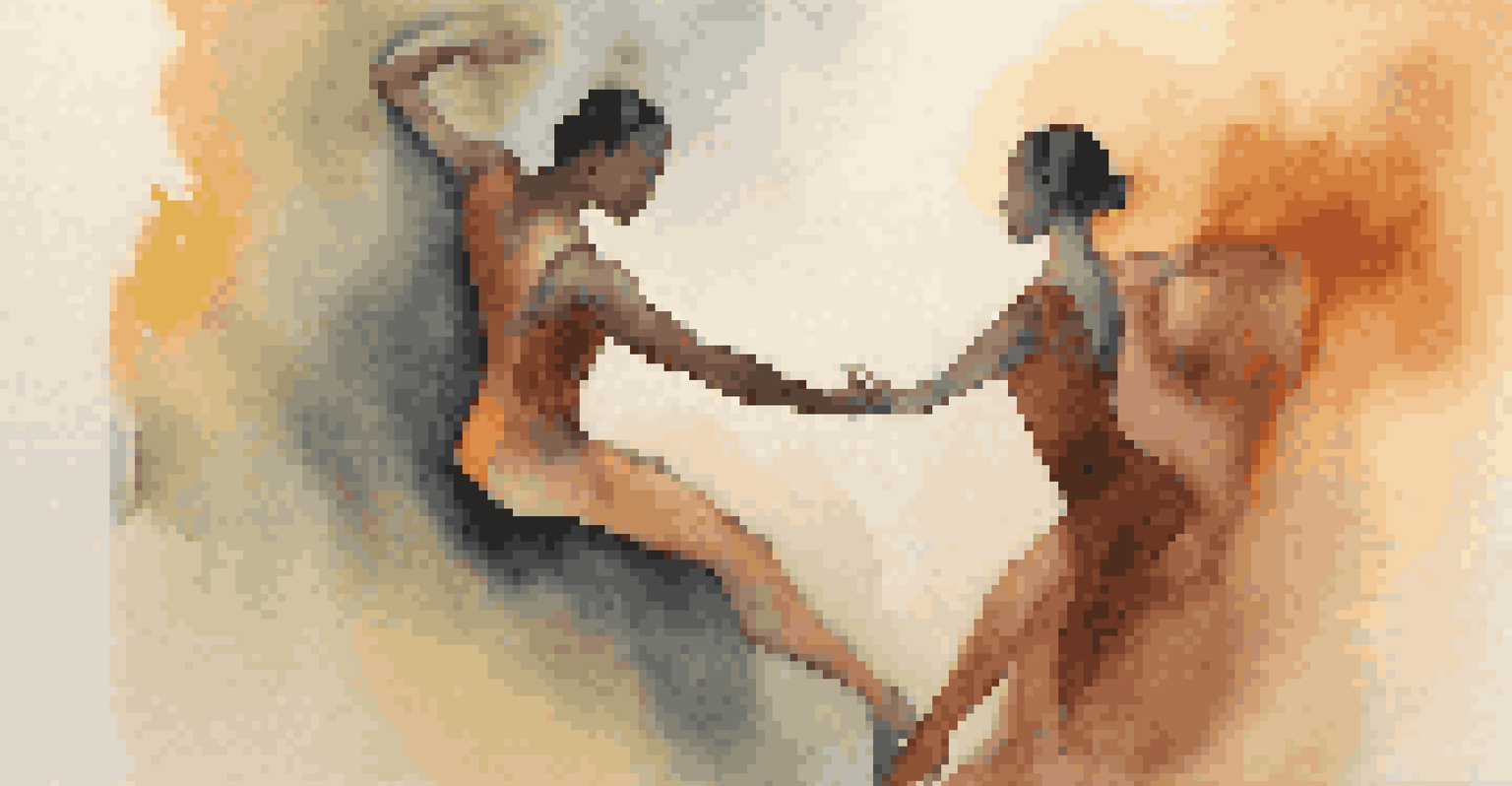 Two dancers in a close duet, expressing connection and identity with warm lighting and abstract background.