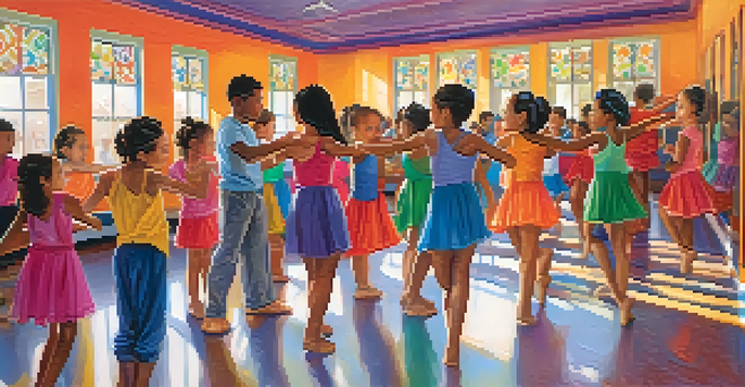 A diverse group of students in a dance classroom learning different dance styles, surrounded by cultural decorations and warm lighting.