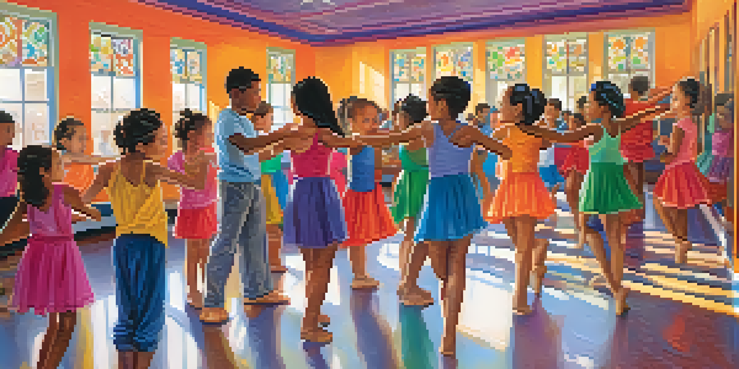 A diverse group of students in a dance classroom learning different dance styles, surrounded by cultural decorations and warm lighting.