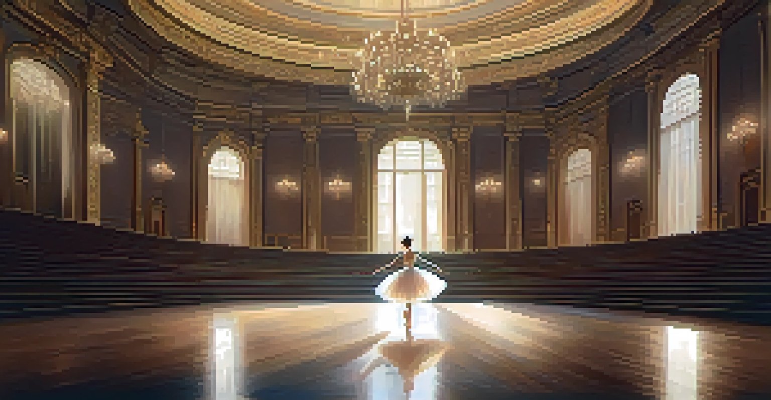 A ballerina in a white tutu performing on stage in a grand theater, illuminated by soft light.