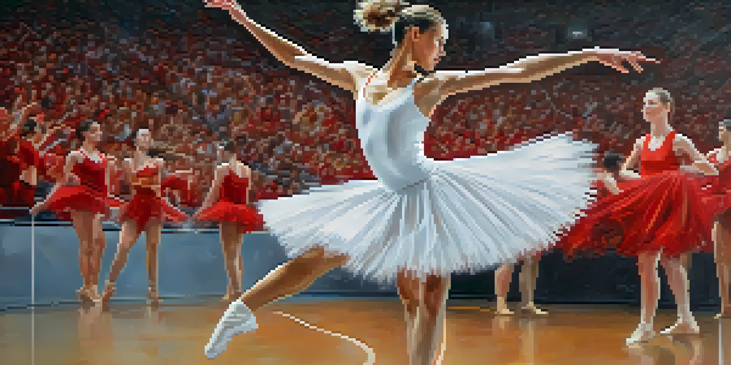A dancer in a white tutu and an athlete in a red jersey performing side by side, with a blurred sports arena in the background.