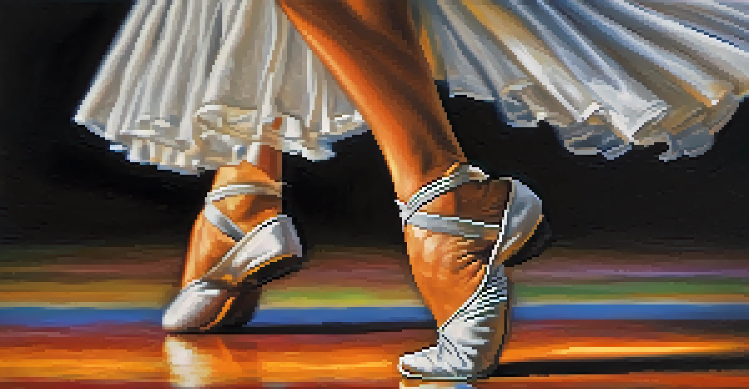 A close-up view of a dancer's feet in traditional footwear, captured in motion on a textured dance floor, illustrating the energy of folk dance.